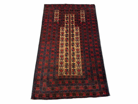 USED 3 X 3.5 New Vintage Handmade Wool Rug Tribal Turkoman Balouch Red Prayer Rug