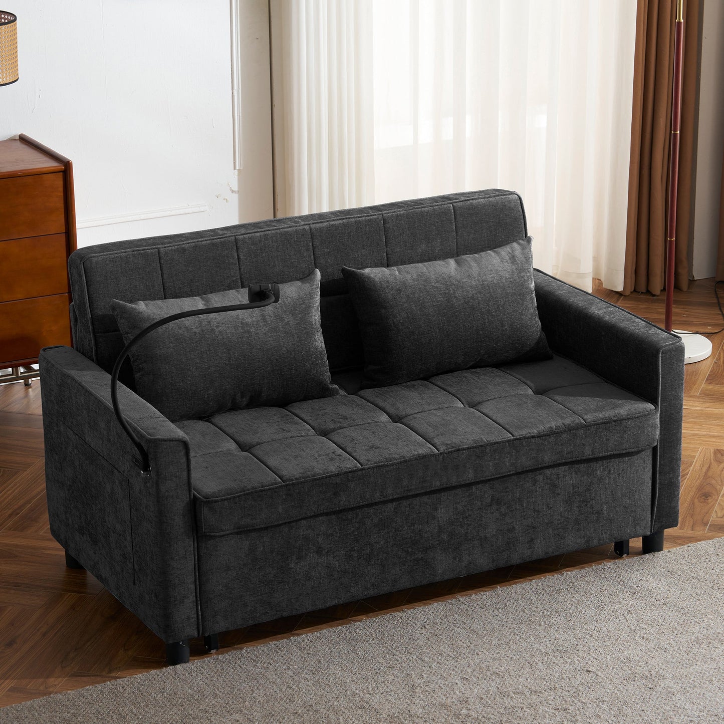 NEW Contemporary 56.9' Loveseat Sofa Bed Sleeper with Reversible Backrest, Side Pockets, USB Ports, Phone Holder, Black Chenille