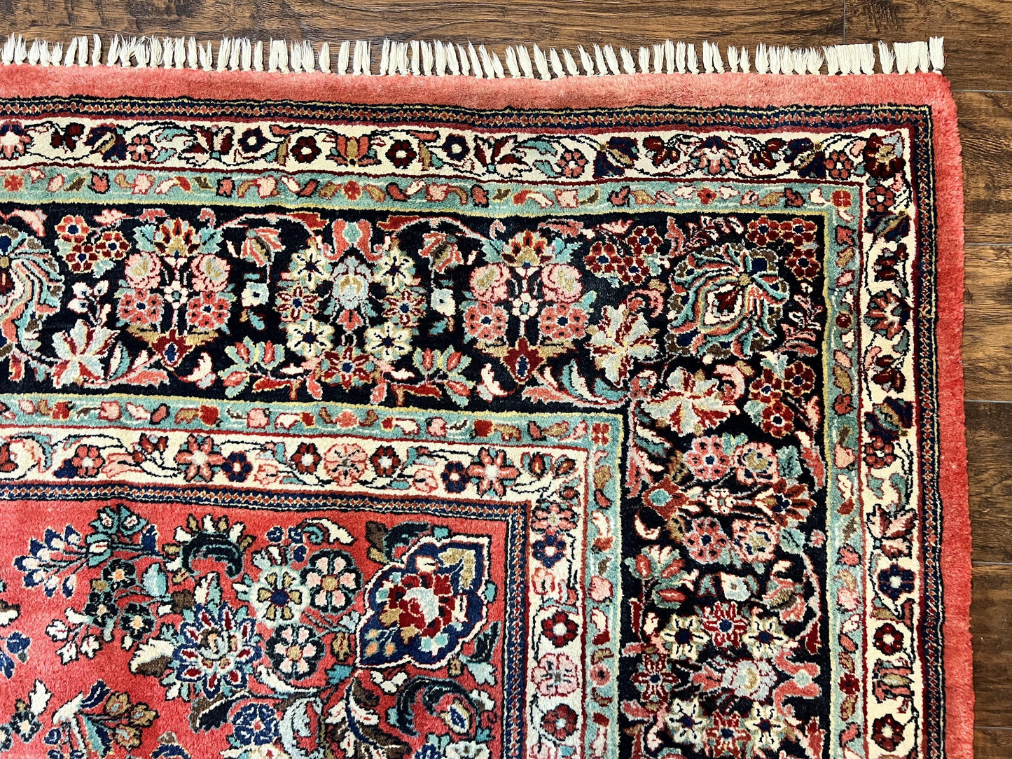 USED Square Persian Sarouk Rug 11x11 ft, Rare Size, Hand Knotted Wool Floral Allover Red Persian Carpet, Handmade Antique Rug