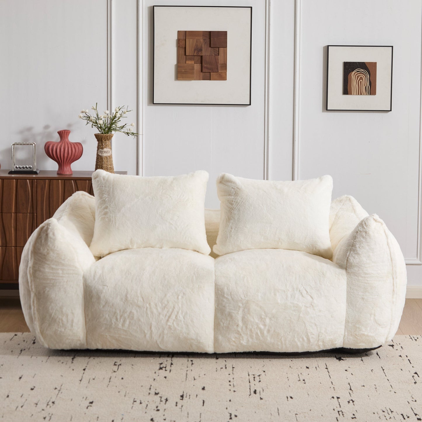 NEW Giant Bean Bag Couch for Adults, Ultra Soft Fluffy Loveseat Bean Bag Sofa, Oversized Chase Lounge Chair Indoor for Living Room Bedroom, No Assembly Required Cozy Reading Chair with Pillows, White