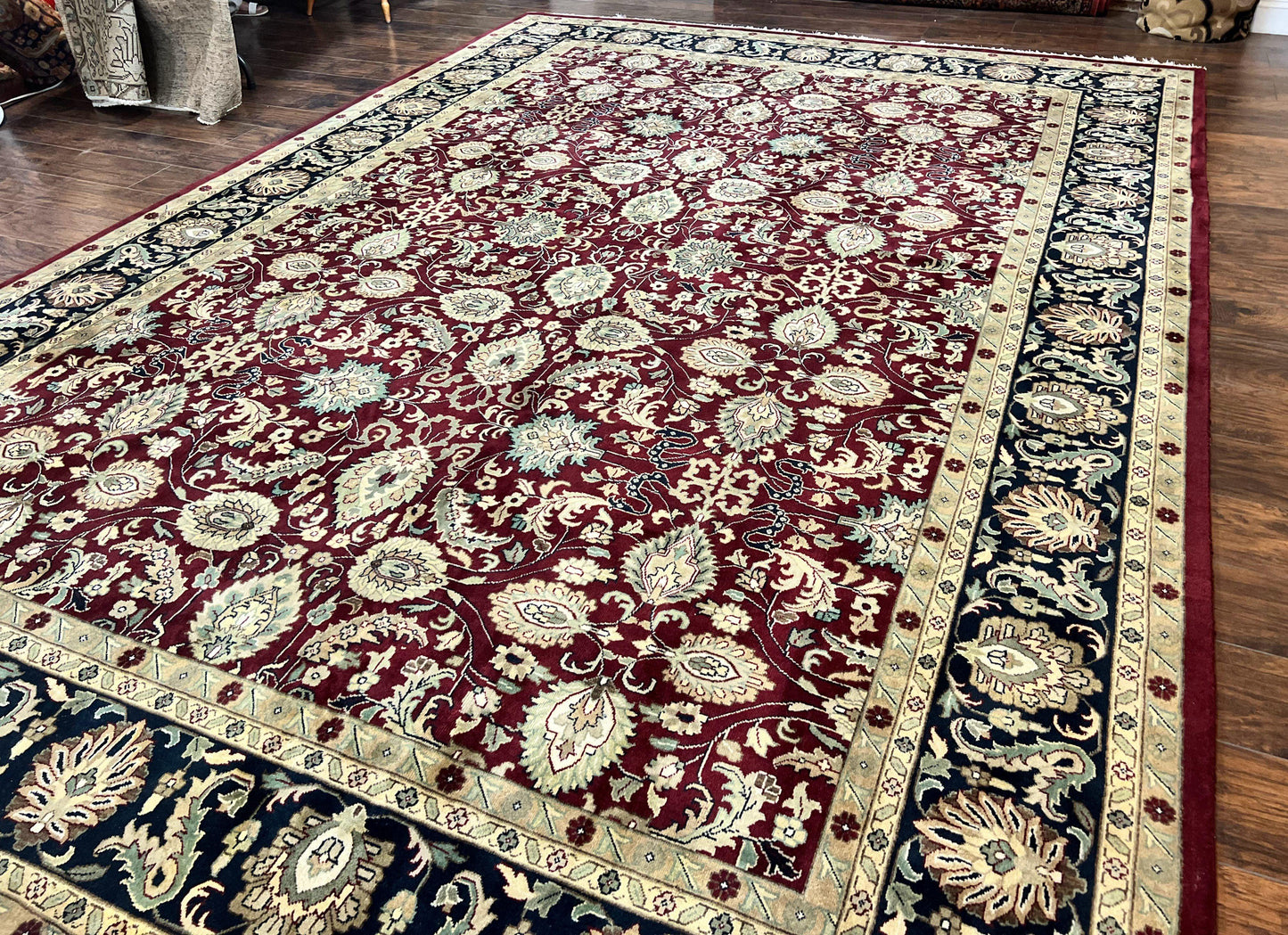 USED Indo Persian Rug 10x14, Floral Allover, Maroon, Handmade Hand Knotted VIntage Wool Rug, Large Oriental Carpet