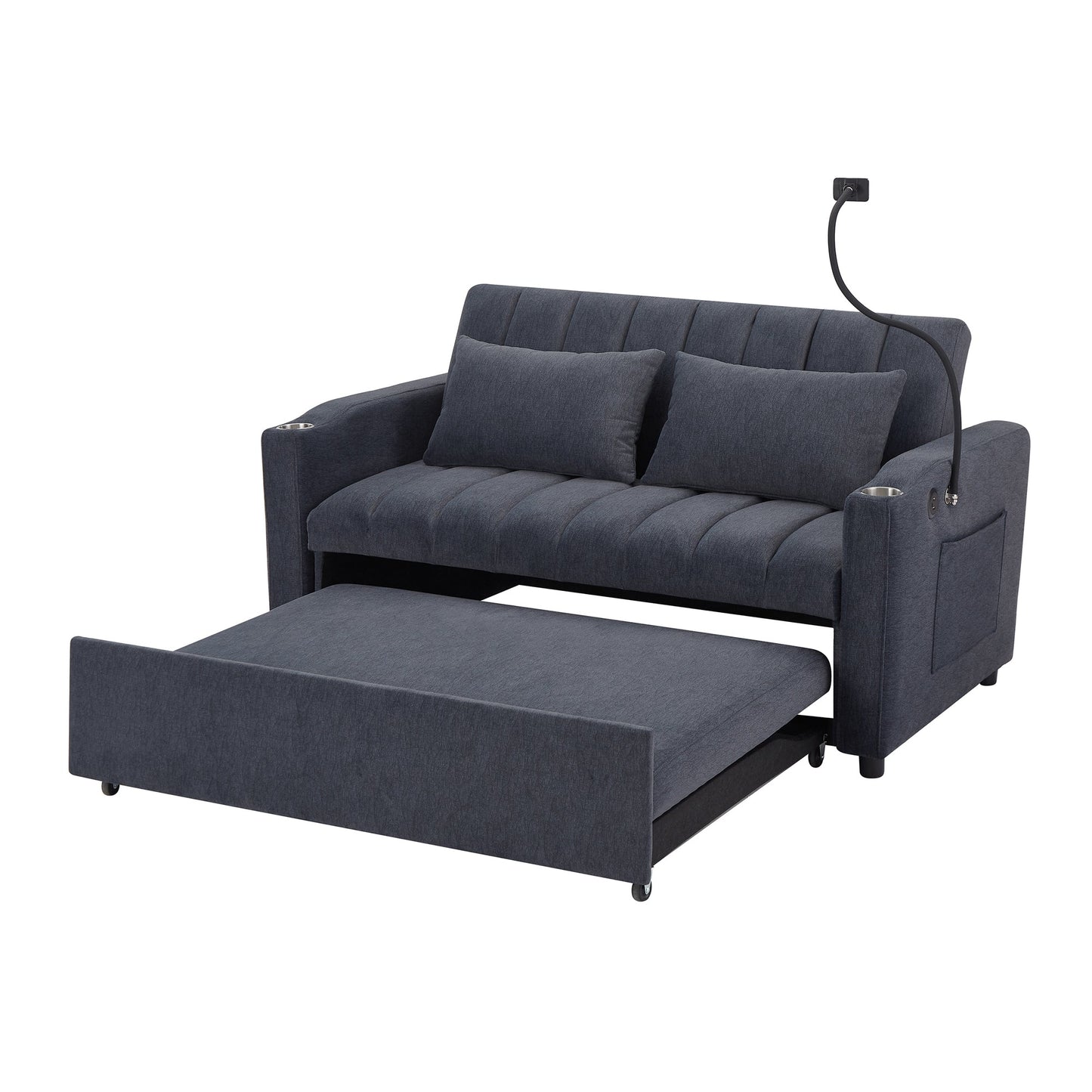 NEW Convertible Sofa Bed Loveseat with USB Ports, Side Pockets, Cup Holders, and Phone Holder in Blue Grey Bella Fabric, 55.9'