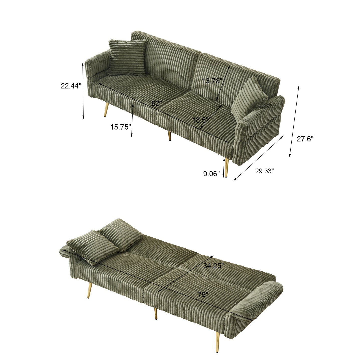 NEW Modern Corduroy Sofa Bed, Foldable Double Sofa with Armrests, Green Velvet, 79 Inch