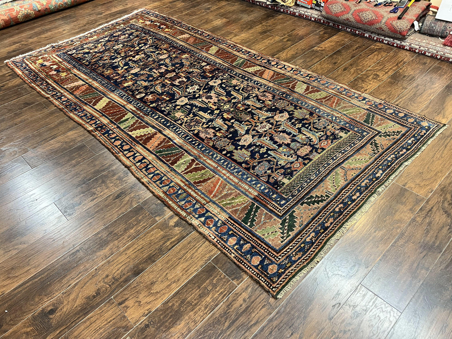 USED Caucasian Kalegy Rug 6x11, Wide Runner, Wool Hand Knotted Carpet, Navy Blue Tribal Rug, 1920s Antique Rug, 6 x 11 Oriental Carpet