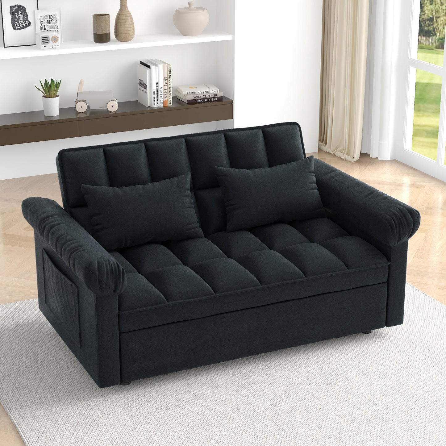 NEW Black Adjustable Back Loveseat Sofa Bed with Pull-out Bed