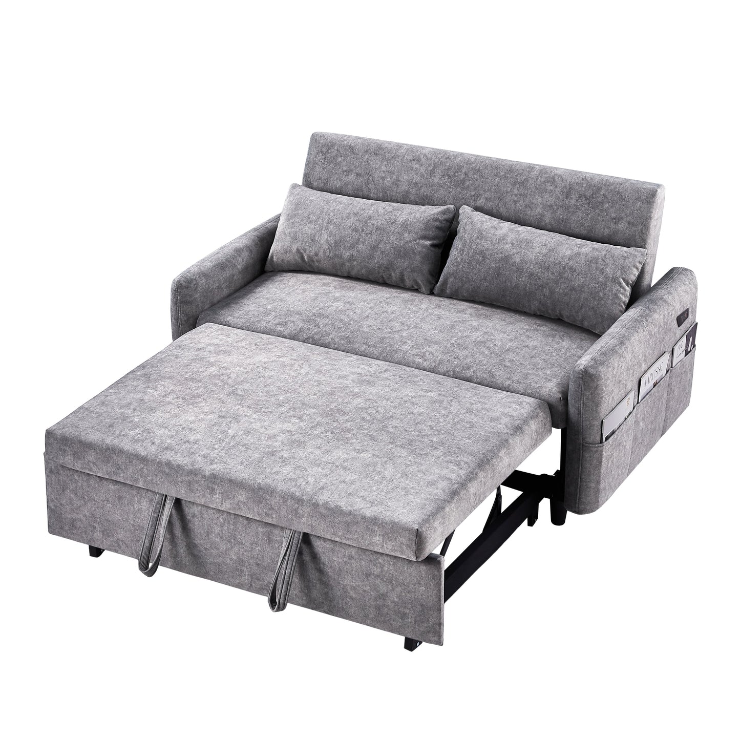 NEW Contemporary Grey Pull Out Sleep Sofa Bed Loveseat with Adjustable Backrest Storage Pockets USB Ports and 2 Soft Pillows