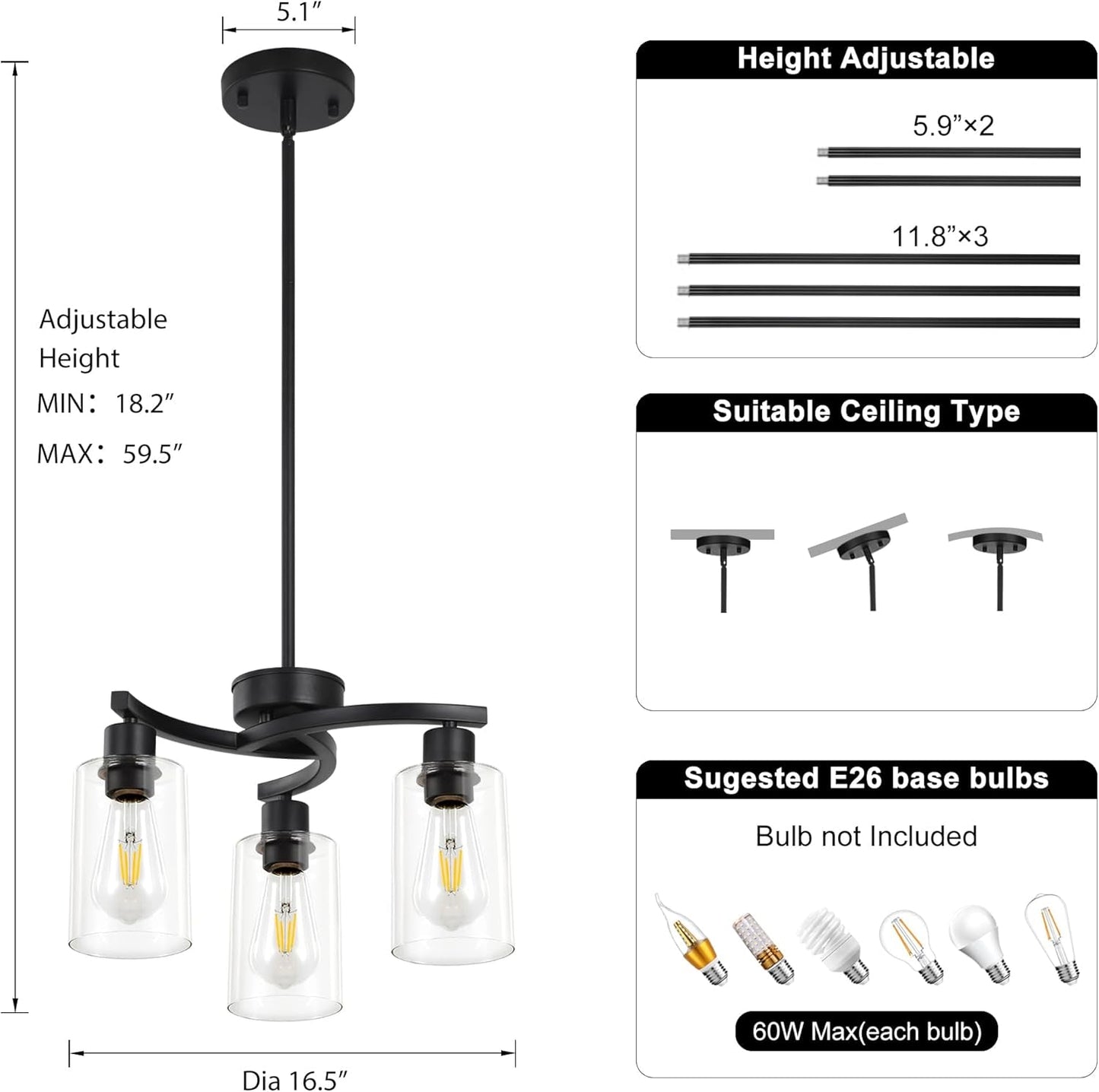 NEW Three Light Black Dining Chandeliers For Kitchen Island
