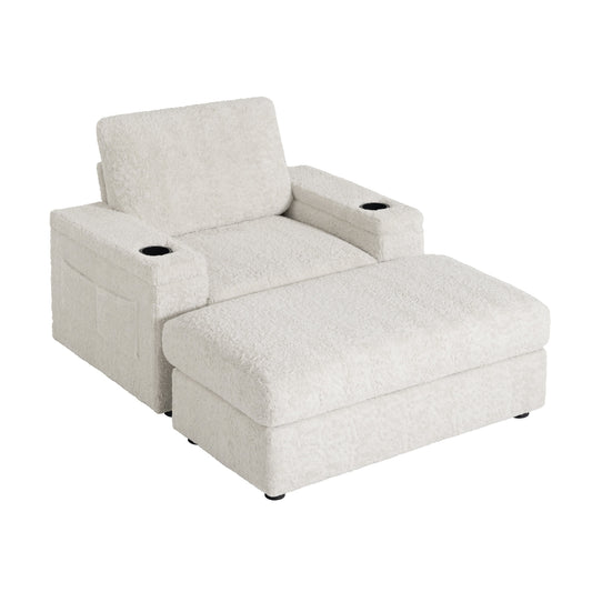 NEW Luxurious Faux Rabbit Fur Oversized Chaise Lounge Sofa Bed with Storage Ottoman Armrests and Cup Holders