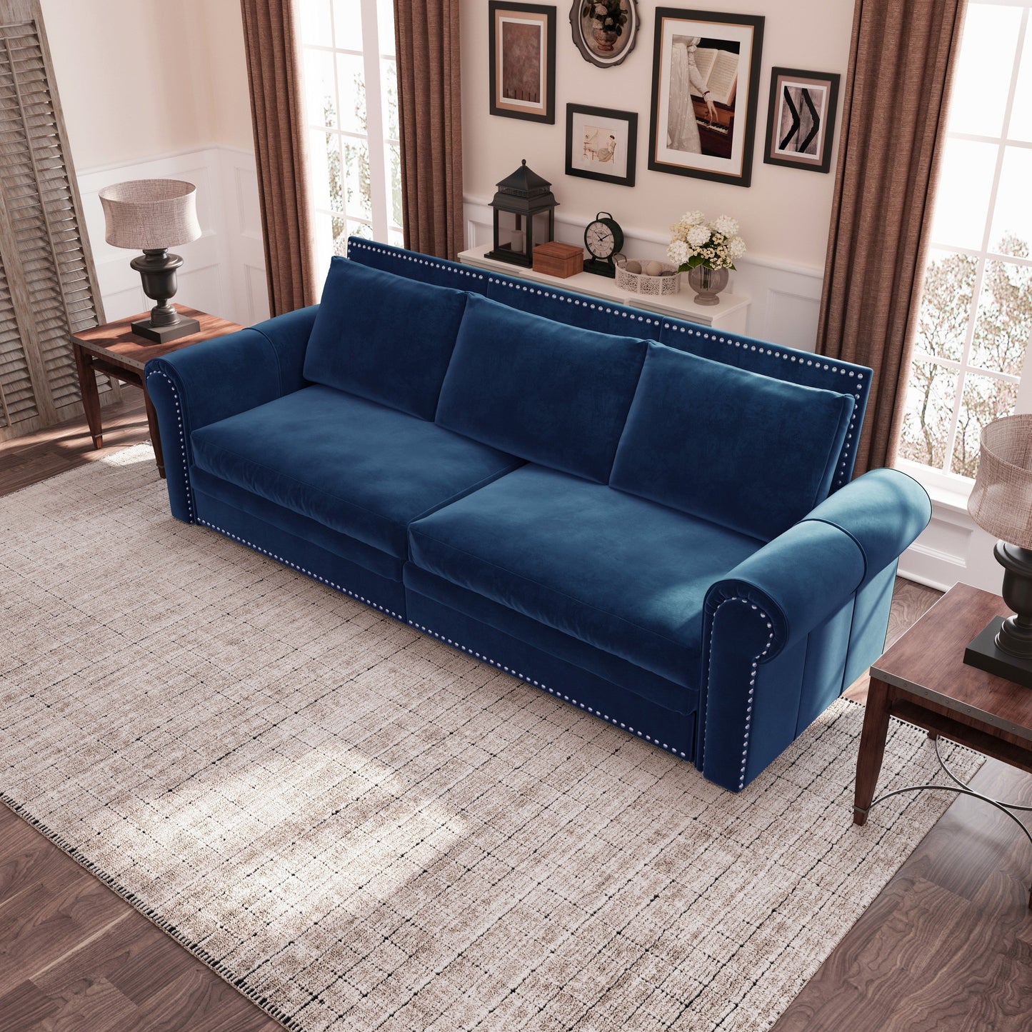 NEW 93.7 ' King Pull Out Sofa Bed, Chesterfield Sofa, 3-in-1 Velvet Convertible Sleeper Sofa with Nailhead Trim & Rolled Arm, Multi-Functional Sofa Bed for Living Room, Bedroom, Apartment, Office, Blue