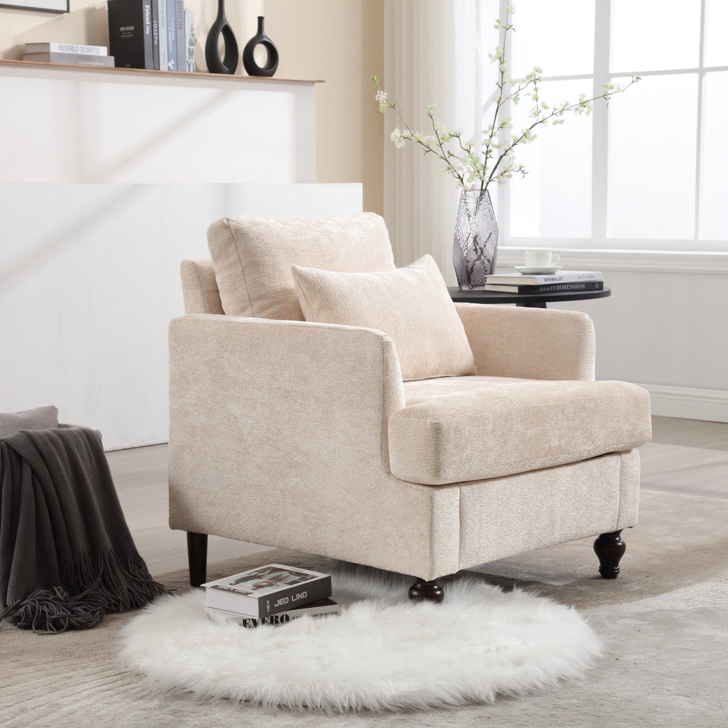 NEW Modern Accent Lounge Chair with Tufted Club Design, Beige Chenille Upholstery, Solid Wood Frame for Living Room and Bedroom