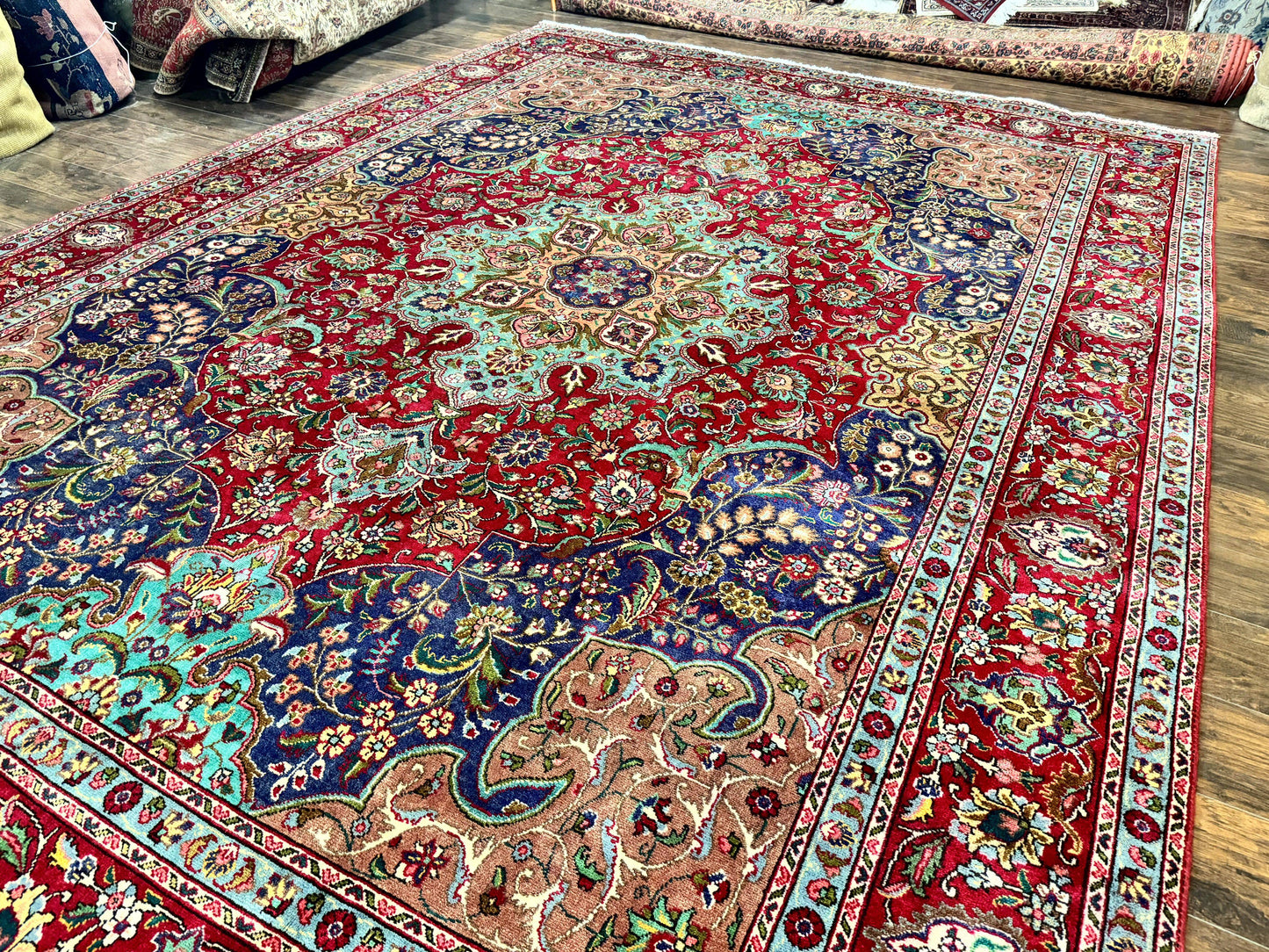 USED Wonderful Persian Tabriz Rug 10x14, Antique Persian Carpet, Handmade Wool Rug, Floral Medallion, Red Navy Blue, Colorful, Large Persian Area Rug