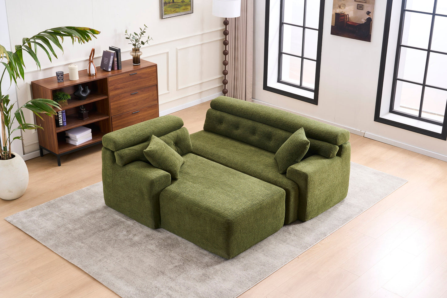 NEW 105' Modula Compression Sponge L-Shaped, Chesterfield-Inspired Design, No-Assembly Chenille Couch, 30D High-Density for Living Room, Bedroom, Apartment.Green.
