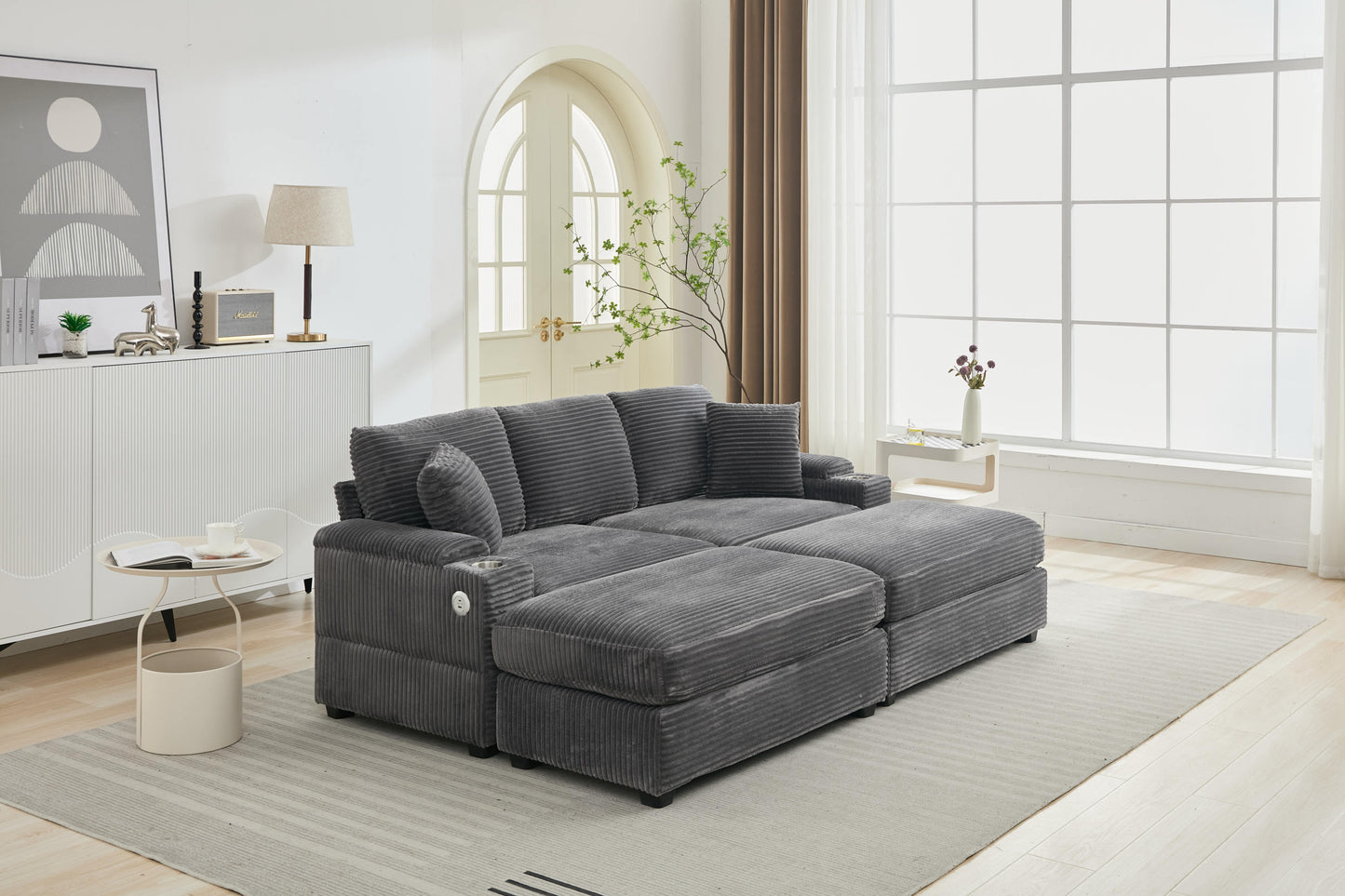 NEW Combination Modular Convertible Sectional Sofa Bed Set with Armrest Storage Stainless Steel Cup Holder USB