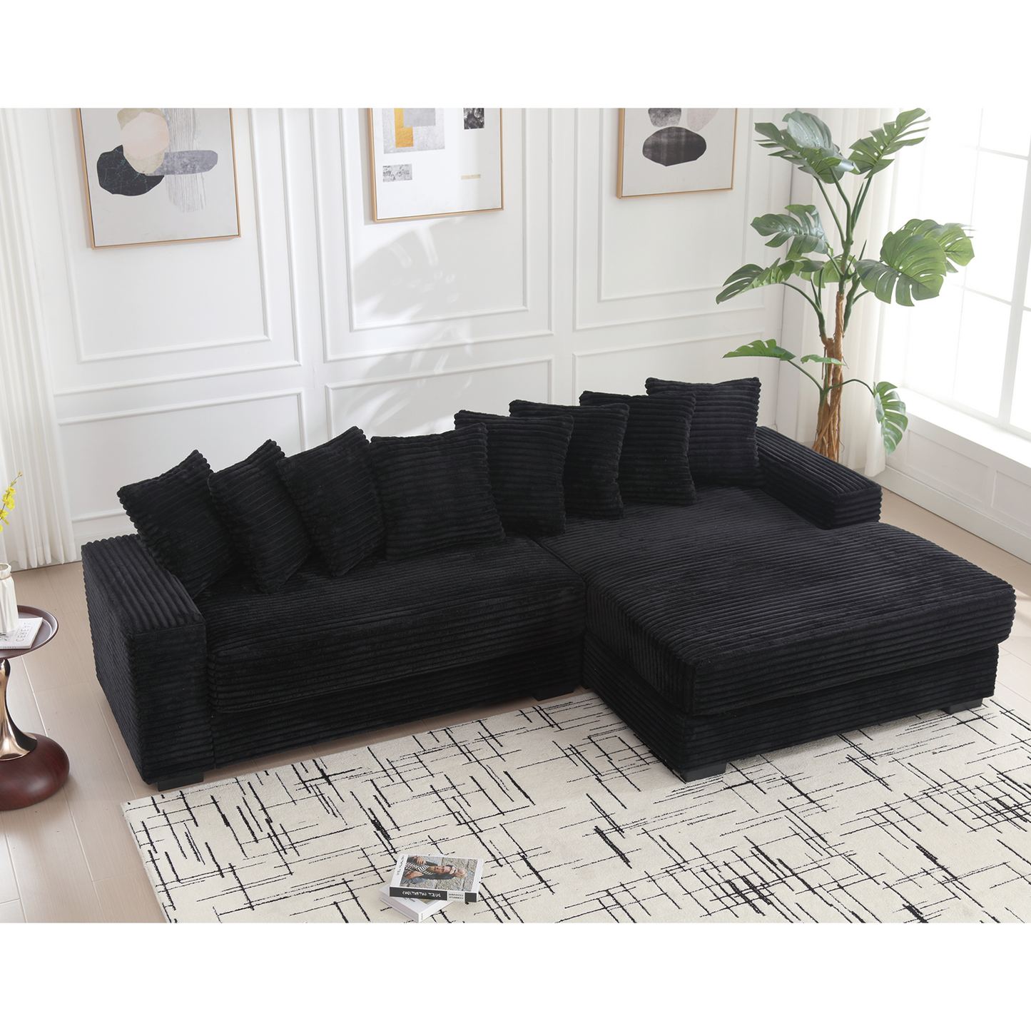 NEW Oversized Black Two-Piece Couch L Shaped Sofa Corduroy Right Chaise Daybed with Armrests Eight Throw Pillows