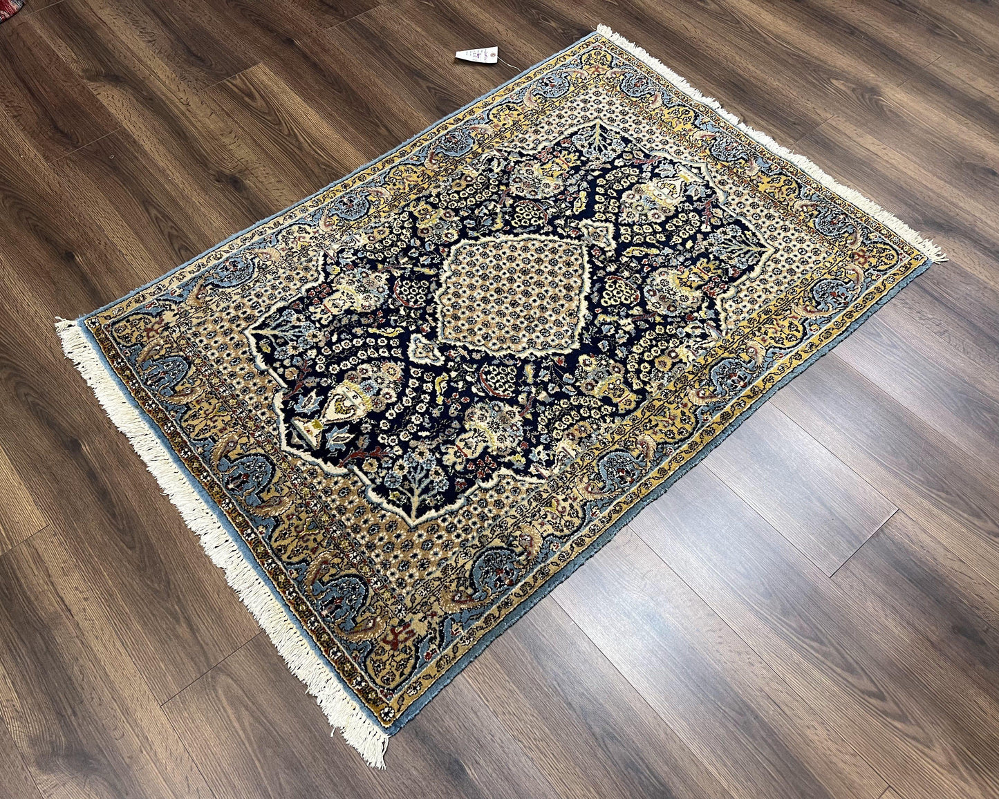 USED Fine Persian Qum Rug 3x5, Semi Antique Vintage Oriental Ghom Carpet, Floral Medallion, Highly Detailed, Hand Knotted, Navy Blue, Wool Area Rug, Birds