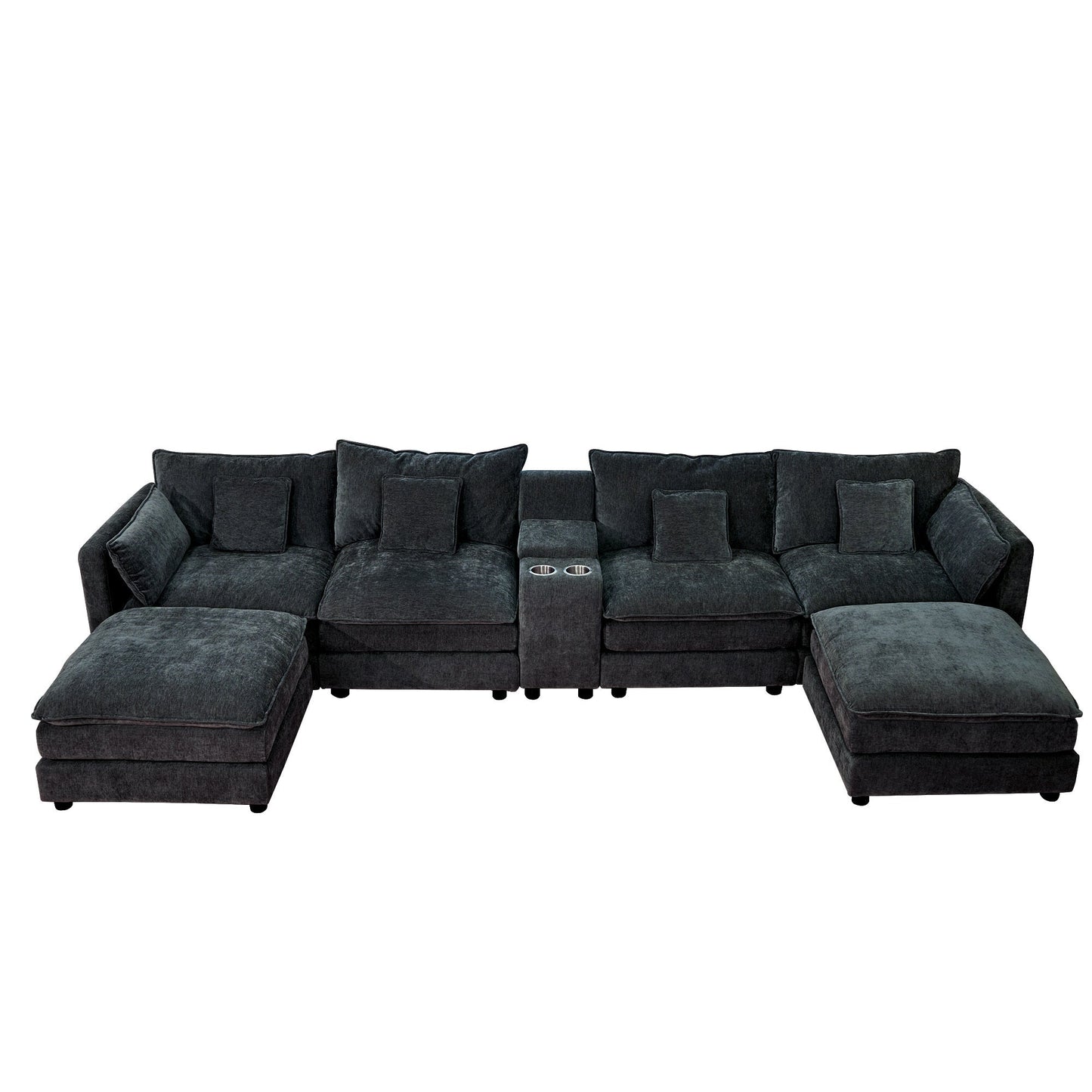 NEW Black U Shaped Sectional Cloud Couch Comfy Fluffy 6 Seat Sectional Modular Sofa with Movable Ottoman Console Cup Holders