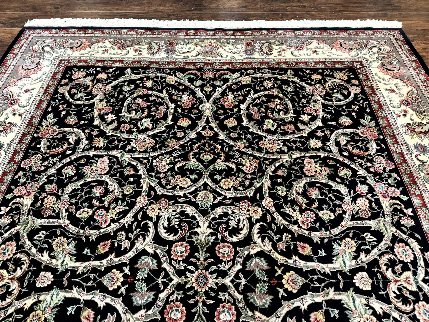 USED Black Pak Persian Rug 8x11, Floral Pattern, Hand Knotted Vintage Wool Rug with Silk Highlights, Fine 200 KPSI