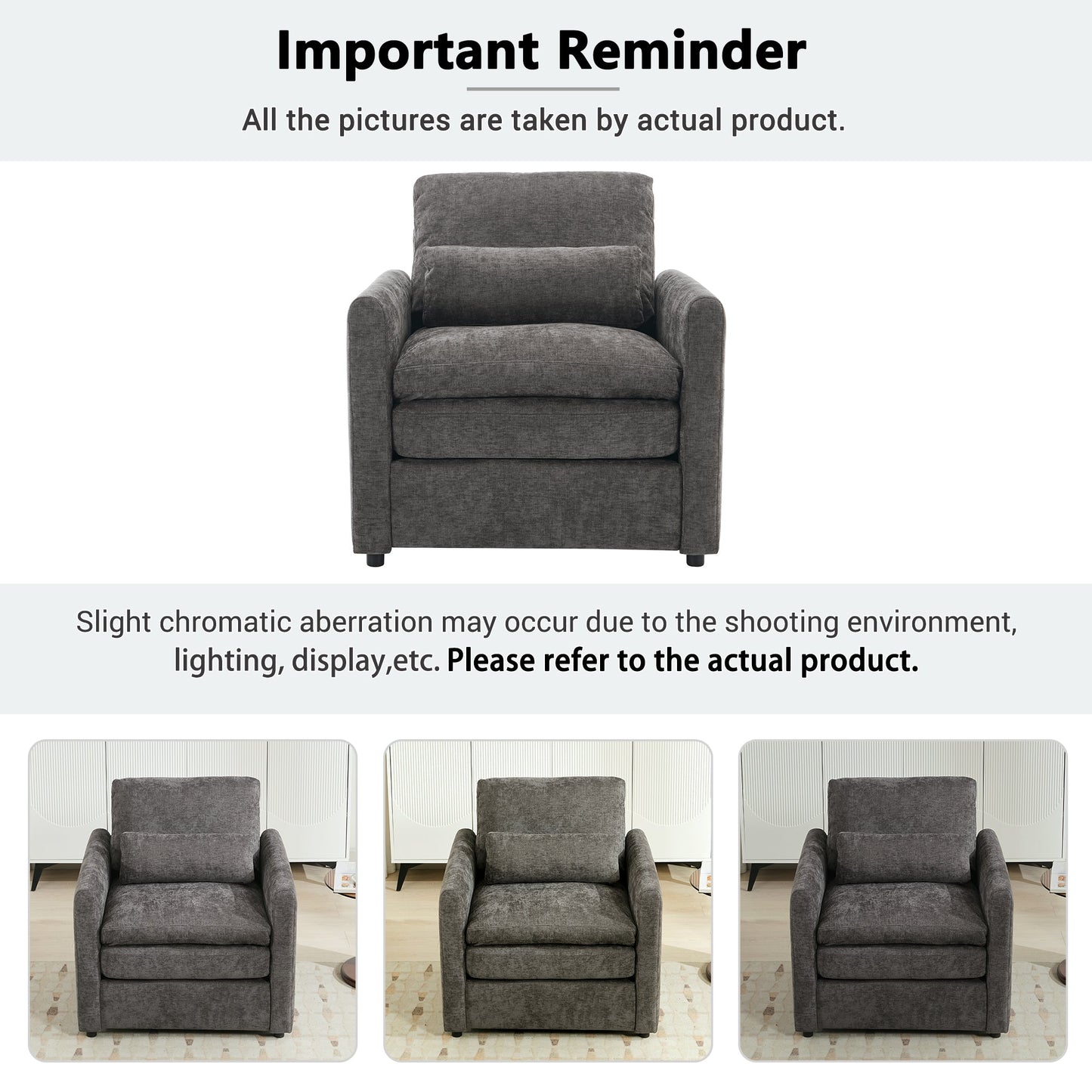 NEW Cozy Upholstered Armchair with Double Cushion in Grey Chenille, 31.9 Inches