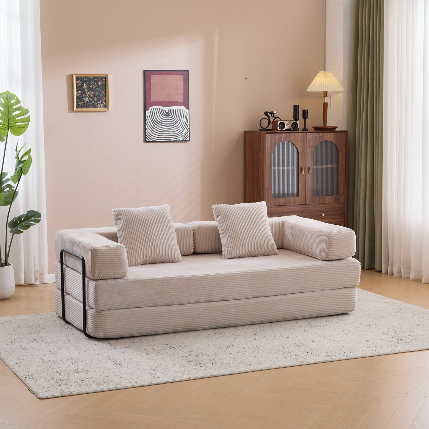 NEW Floor Compression Convertible Comfy Futon Lounge Sleeper Bed Floor Couch Sofa Bed with Pillow Back Support Armrest in Light Gray Corduroy Fabric