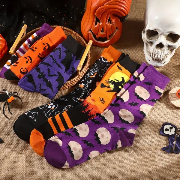 New 6 Pairs Halloween Christmas Socks For Men Women Girls Funny Pumkin Spider Black Cat Cotton Sock Set