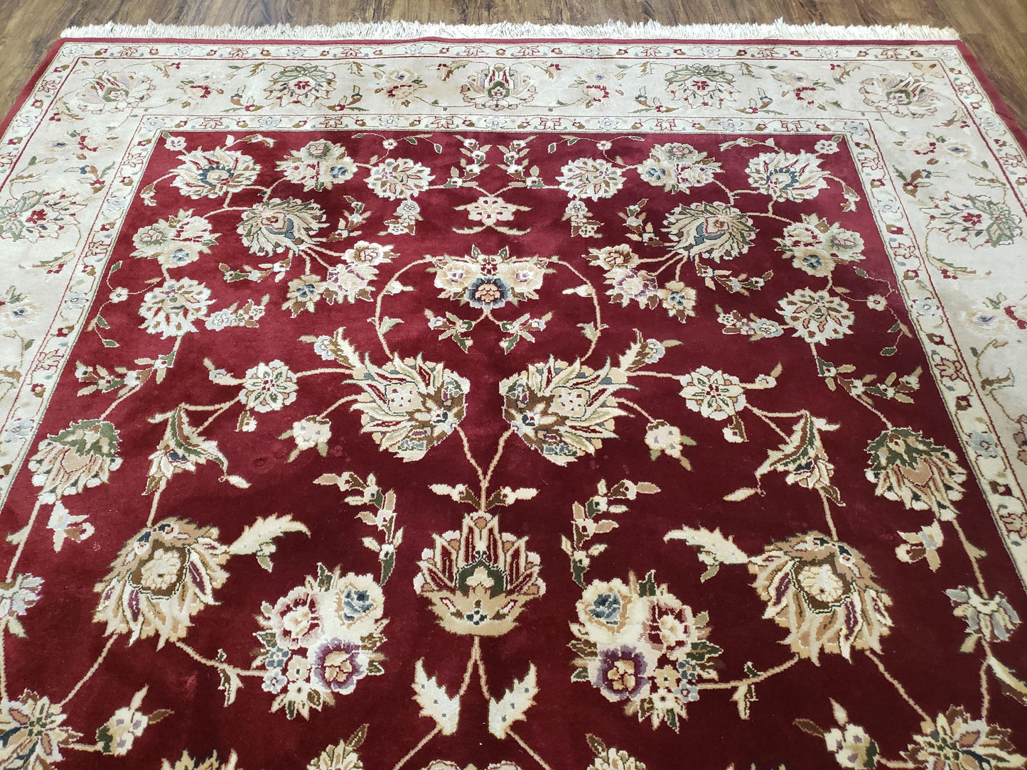 USED Vintage Traditional Oriental Area Rug, Hand-Knotted, Wool & Silk Accents, Maroon Red and Beige, 6x9 Carpet, 5' 9" x 9'