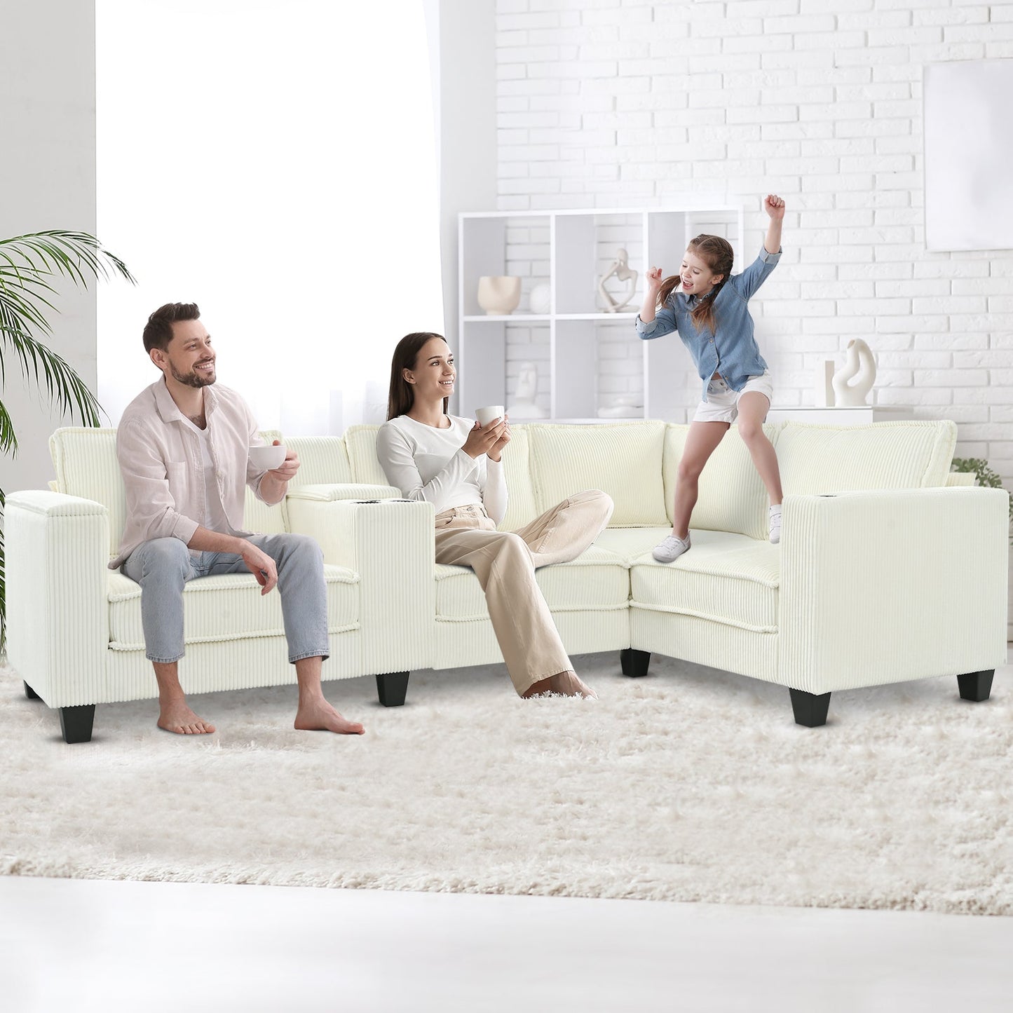 NEW L-shaped 4-Seater Corduroy Large Storage Armrest Sofa with Center Console and USB Charging