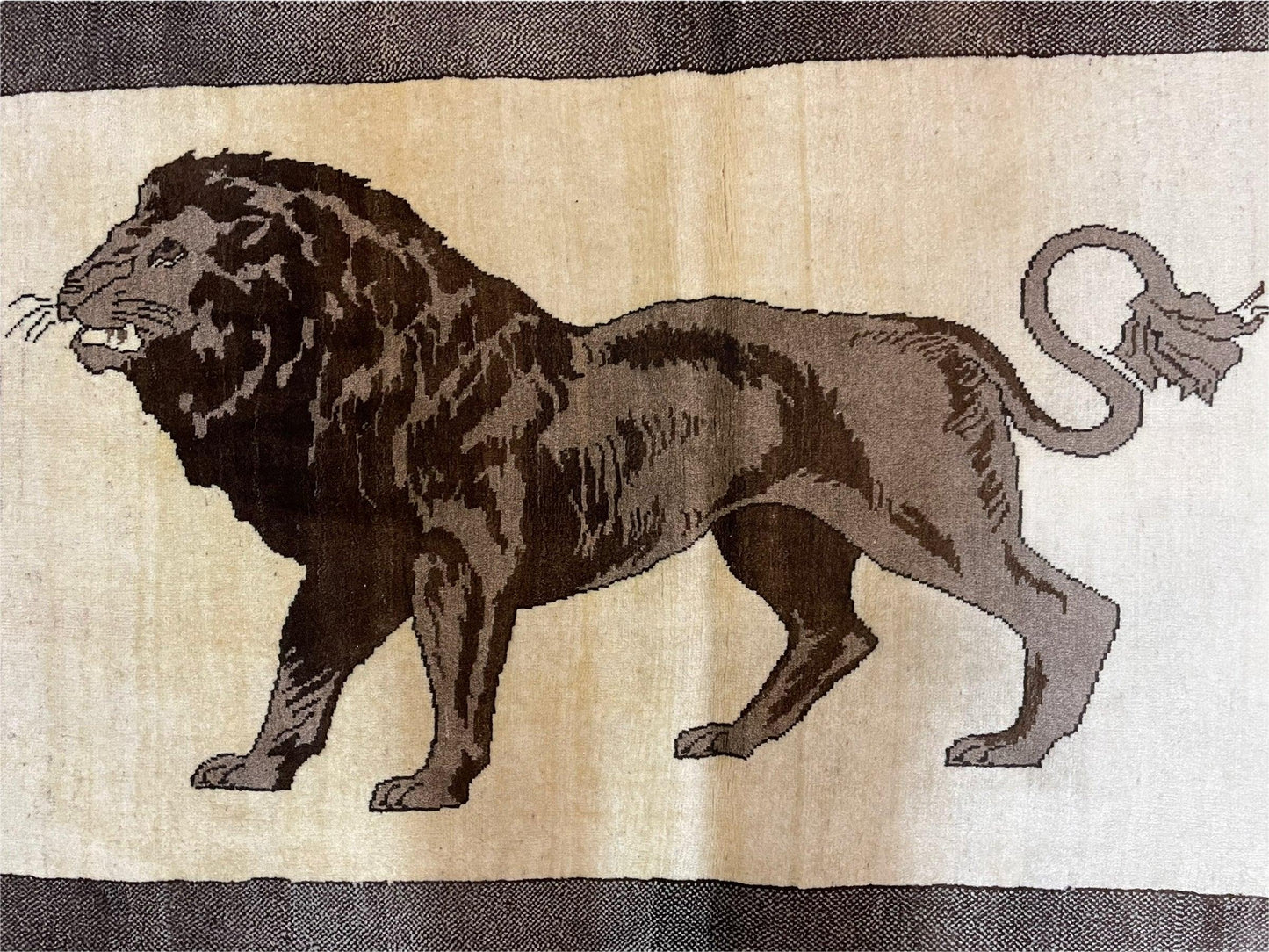 USED 3 x 5 Handmade Rug Brown Beige Hand-Knotted Lion Rug New Vintage Quality Animal