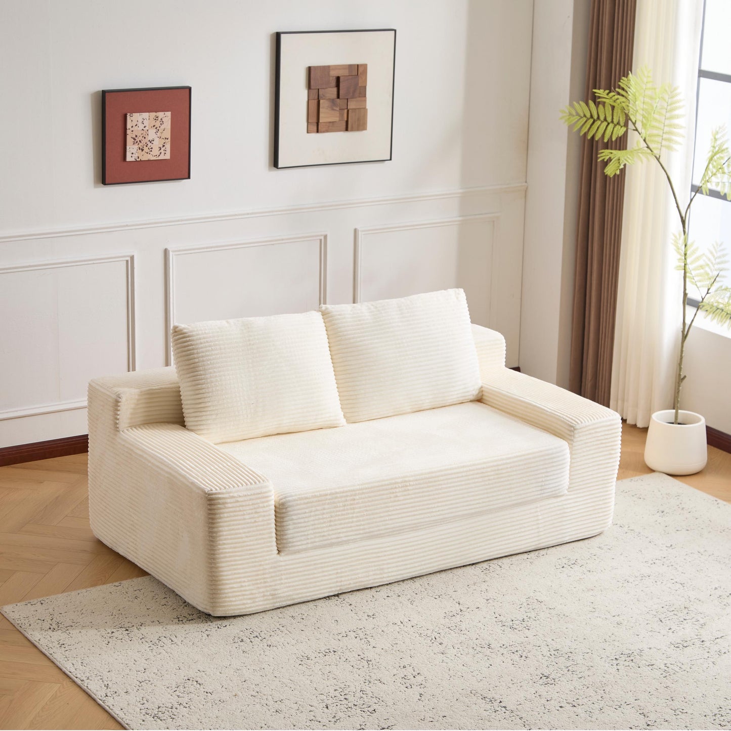 NEW Loveseat Sofa, Comfortable Deep Seat Sofa Bed, Modern Small Corduroy Couch for Living Room Bedroom,Reversible Cushion with Pillows,No Assembly Required,White