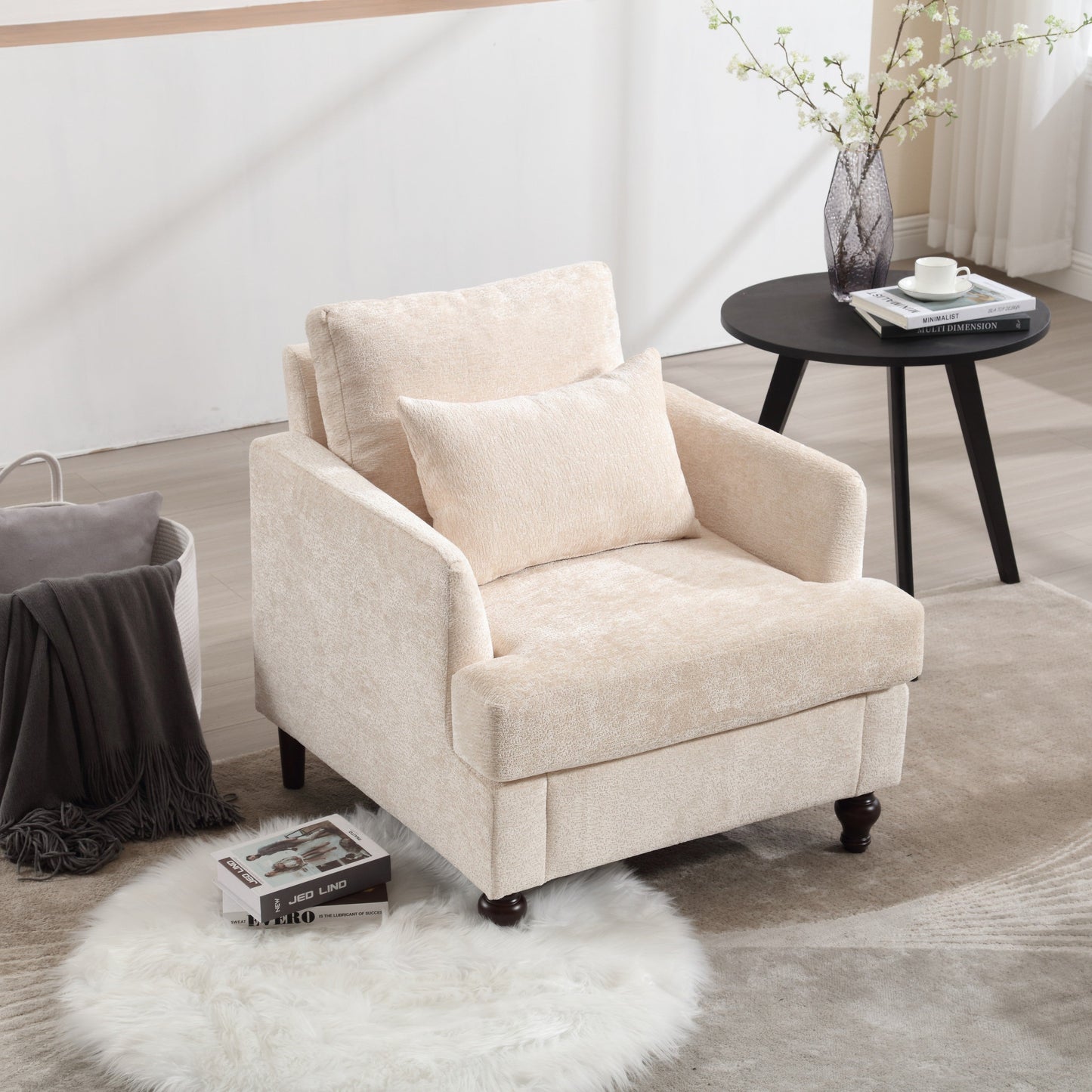 NEW Modern Accent Lounge Chair with Tufted Club Design, Beige Chenille Upholstery, Solid Wood Frame for Living Room and Bedroom