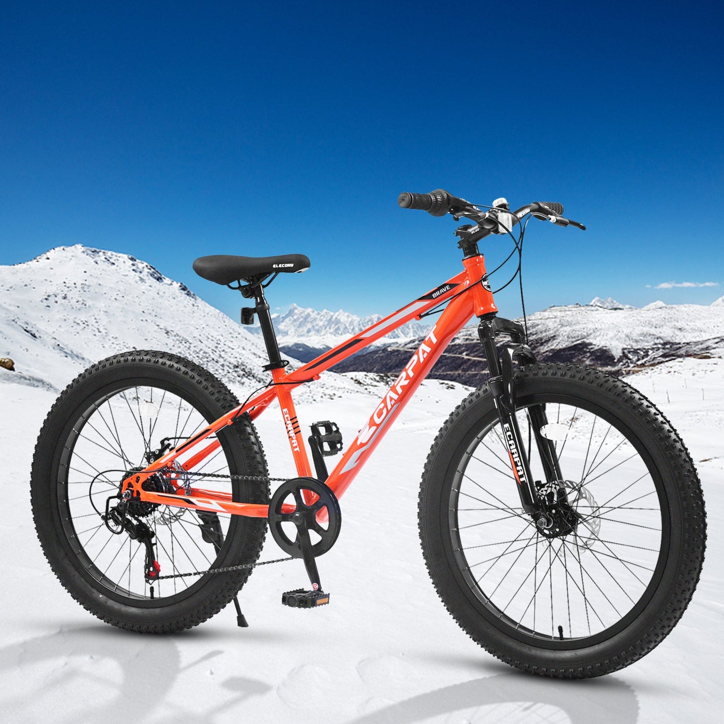 NEW S24109 Elecony 24 Inch Fat Tire Bike Adult/Youth Full Shimano 7 Speeds Mountain Bike, Dual Disc Brake, High-Carbon Steel Frame, Front Suspension, Mountain Trail Bike, Urban Commuter City Bicycle