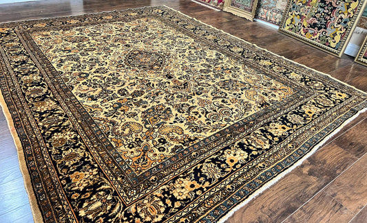 USED Antique Persian Rug 9x11, Wool Handmade 1920s Oriental Carpet, Persian Hamadan Anjelas Rug, Cream Black, Floral Allover Oriental Rug 9 x 11 Room Sized Rug