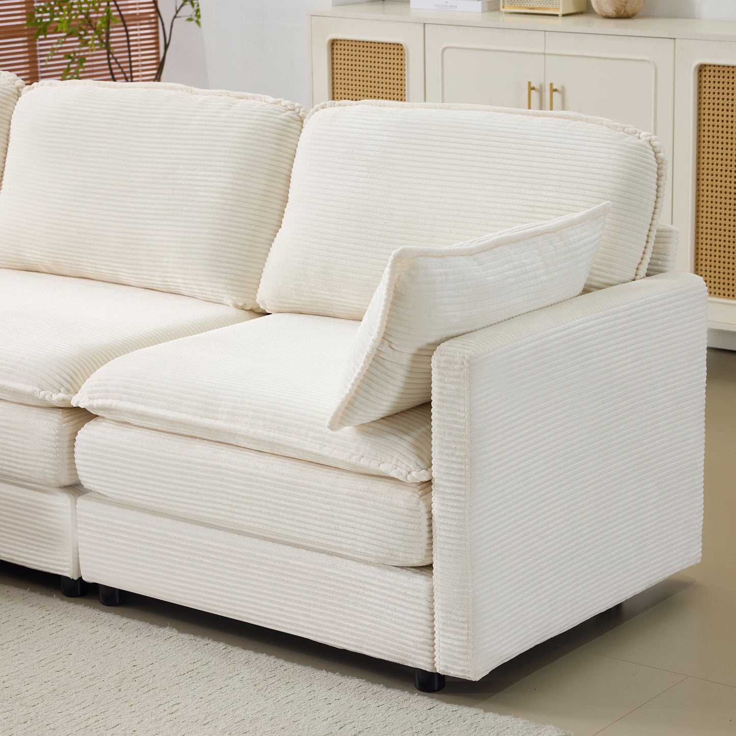 NEW 104' Plush Cloud Beige 3 Seater Modular Sofa + Ottoman with 22' Chenille Cushions and 2 Throw Pillows