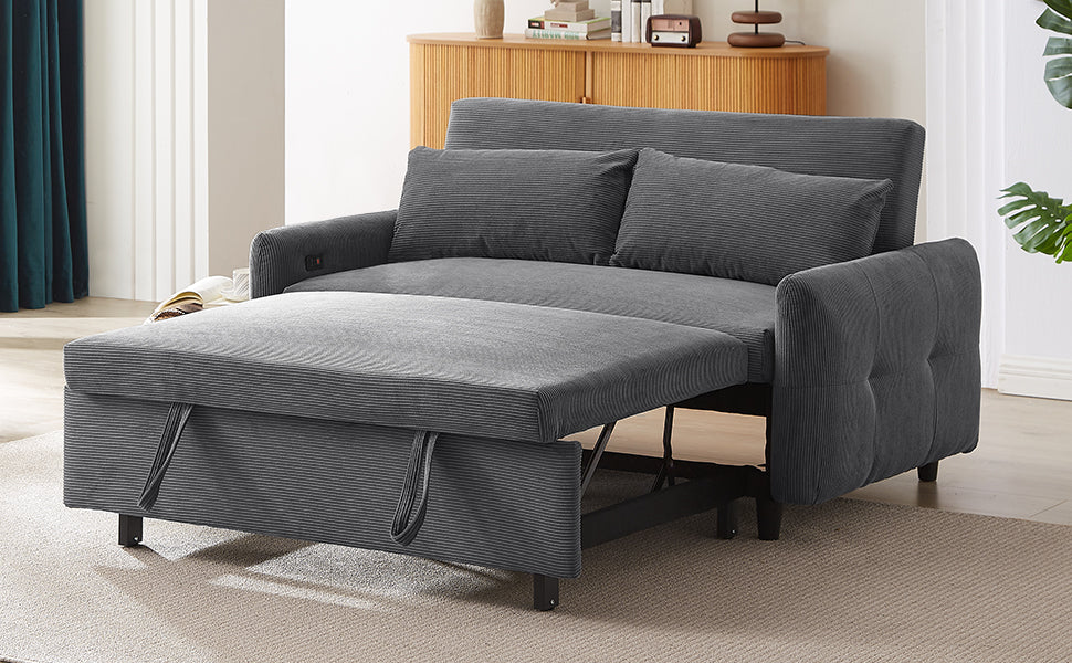 NEW 54.5’ Dark Grey Corduroy Modern Convertible Pull-out Sofa Bed