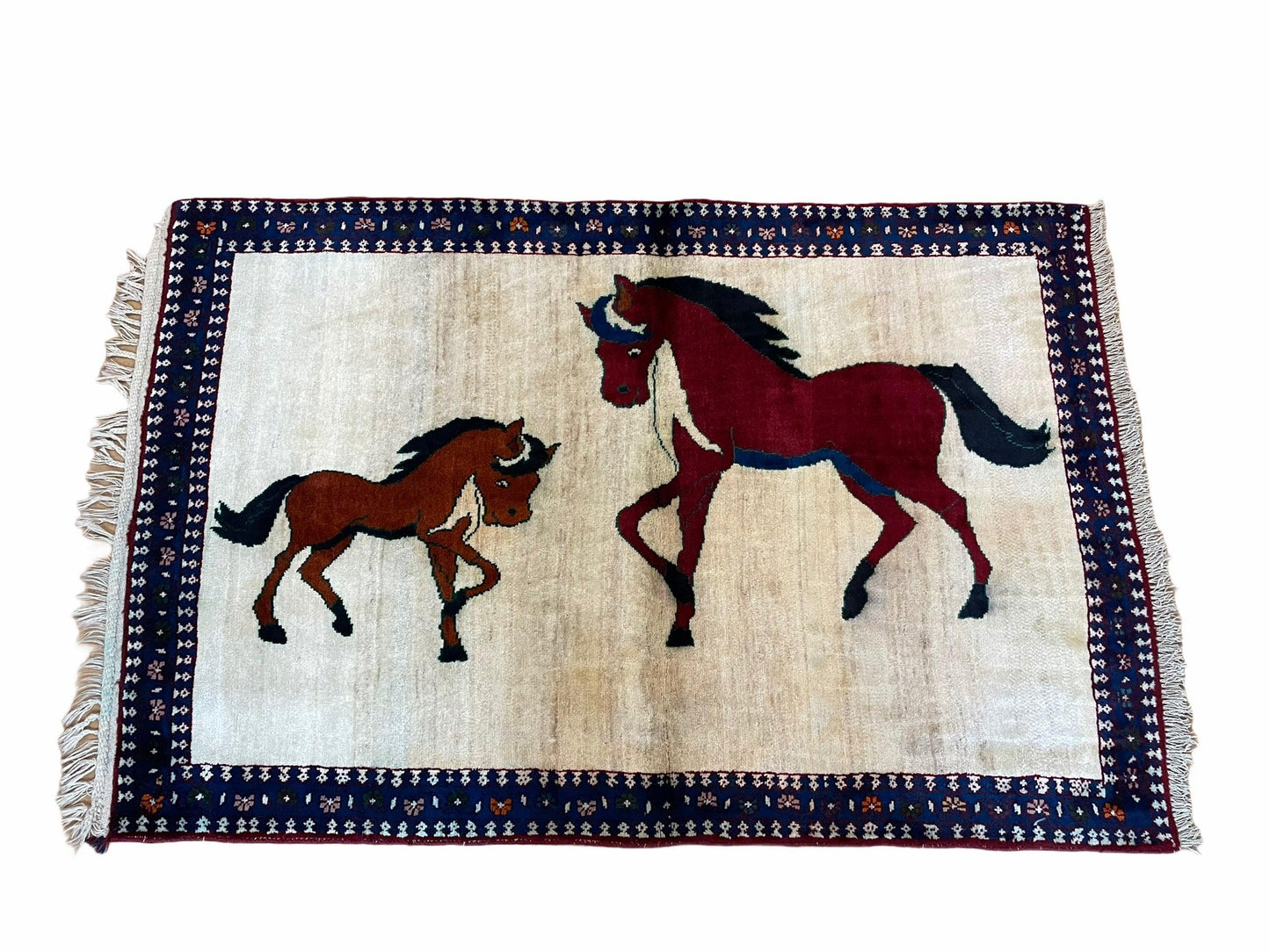 USED 3.5 X 5 Handmade Hand-Knotted Quality Wool Pictorial Brown Horses Animal Rug