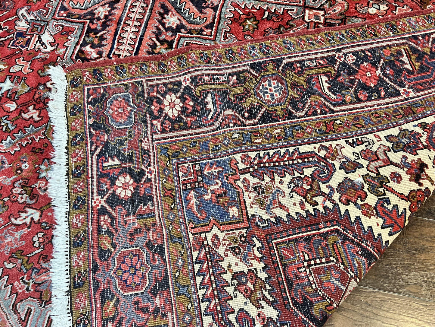 USED Large Persian Heriz Rug 10x13, Wool Hand Knotted Antique Carpet, Red and Ivory, Geometric Tribal Room Sized Rug, Decorative Oriental Rug