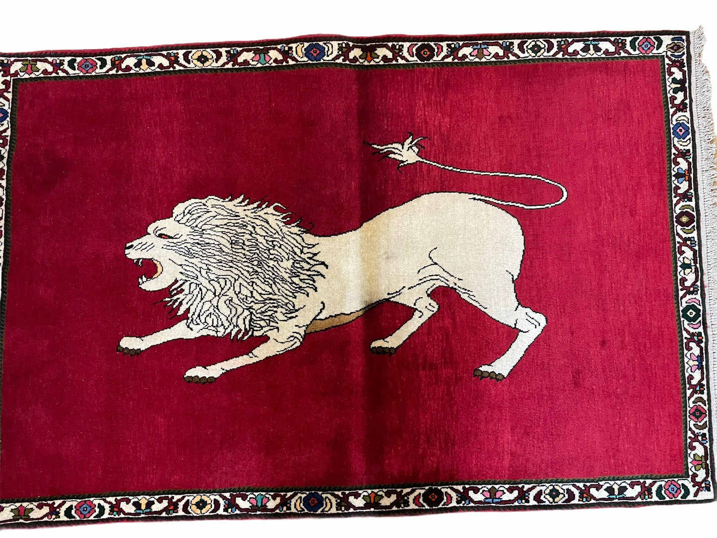 USED 4 X 6 Handmade Hand-Knotted Quality Wool Rug Zagros Lion Red Ivory Tribal Rug