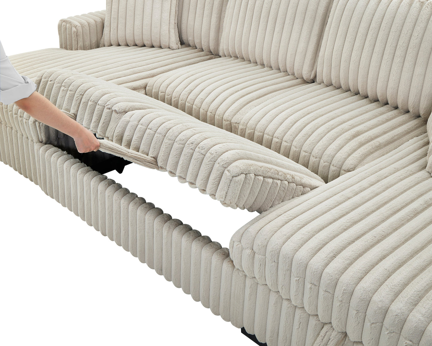 NEW 122 inch Rabbit Khaki Plush Corduroy Fabric Oversized U Shaped Sleeper Sofa 2 in 1 Pull Out Bed Sectional Sleeper Couch with Double Storage Chaise