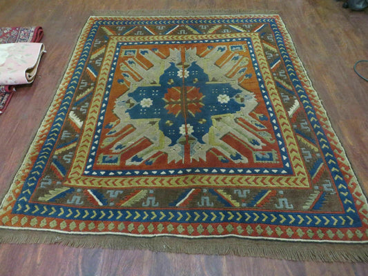 USED 5' X 5.5' Vintage Handmade Turkish Kazak Colorful Wool Square Rug Carpet Bohemian Boho Vintage Interior Home Design