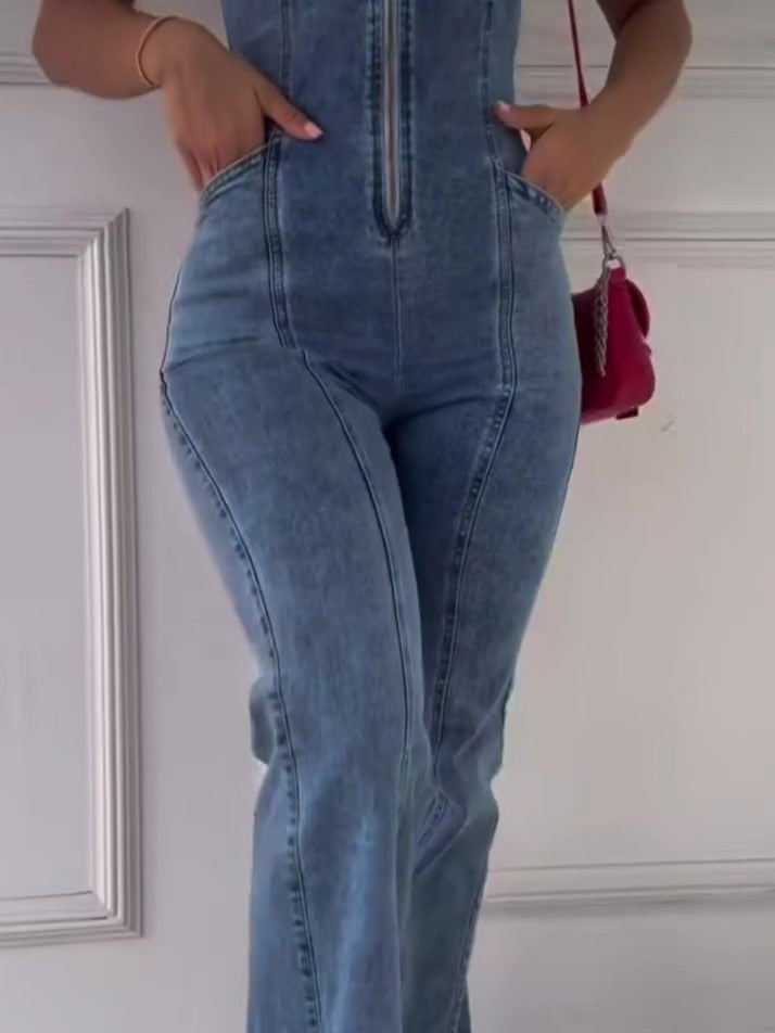 NEW Sleeveless Paneled Zipper Denim Jumpsuit