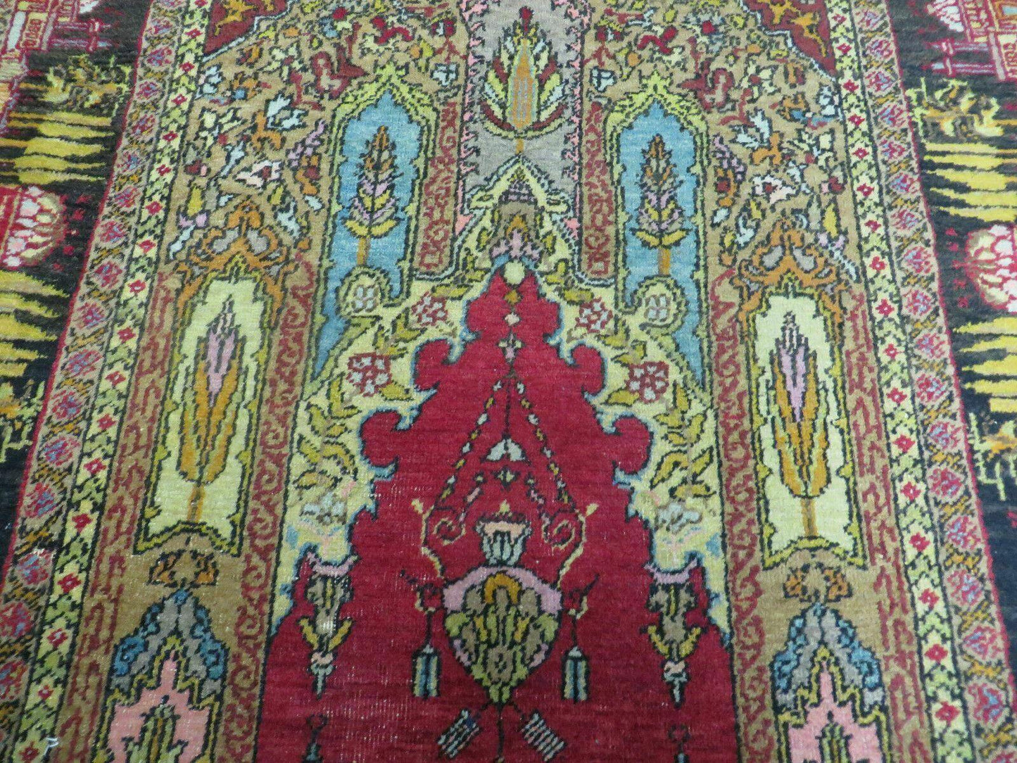 USED 4' X 6' Antique 1920s Handmade Turkish Mehrab Design Wool Rug Lantern Beautiful
