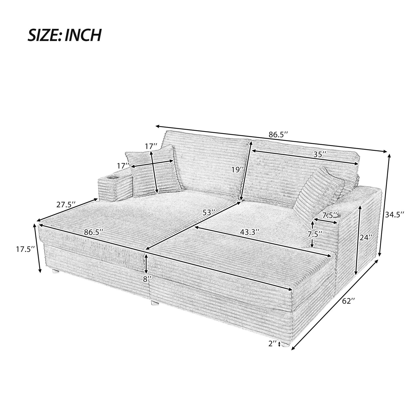 NEW Black Corduroy Oversized Loveseat Chaise Lounge Sectional Sofa Bed with USB Ports Cup Holders and Pillows
