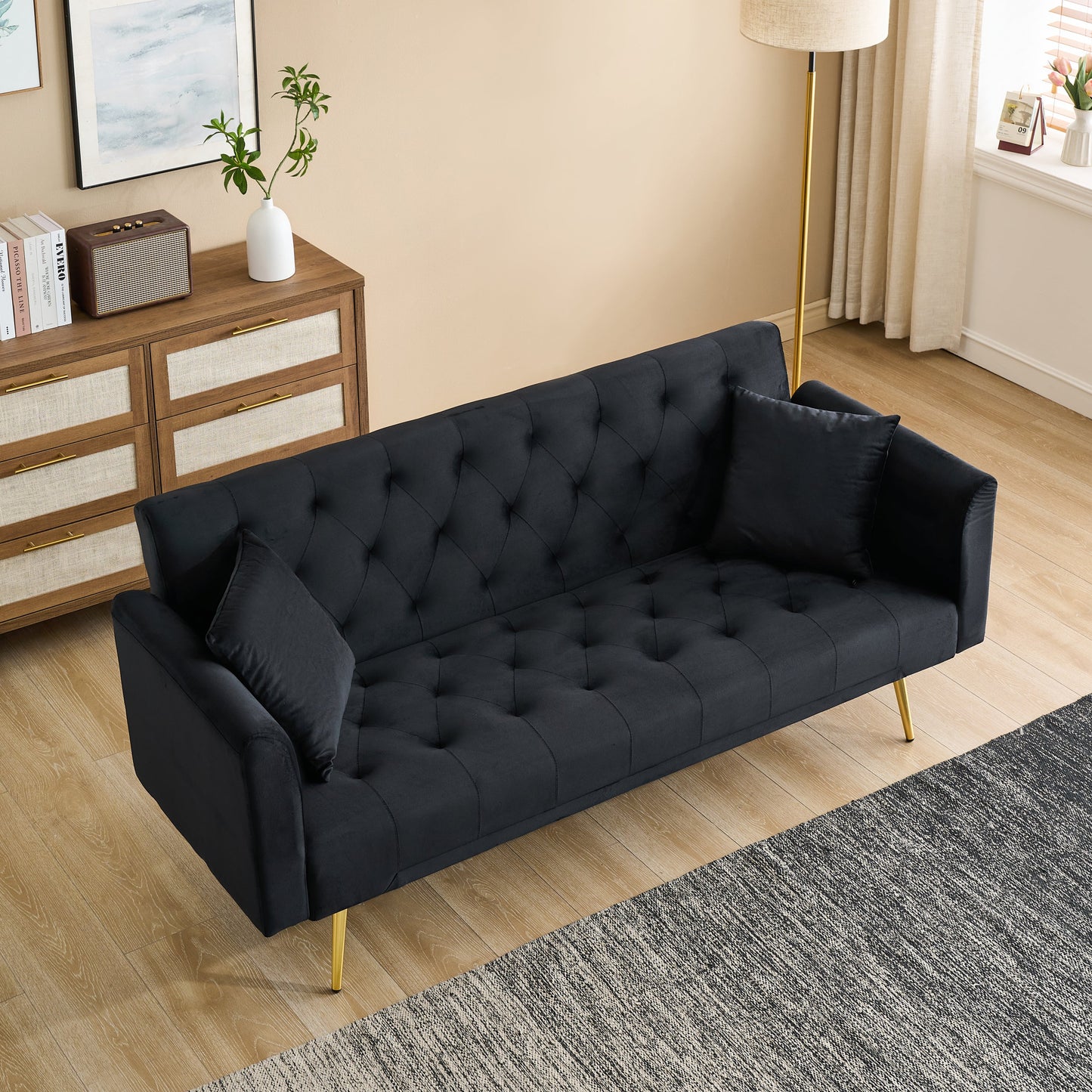 NEW 71-inch American Retro Style Black Velvet Foldable Double Sofa