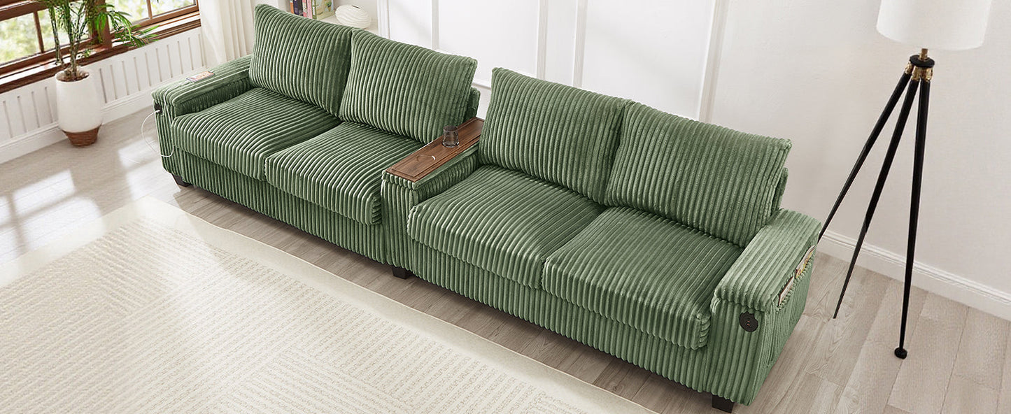 NEW Modern 4-Seater Green Corduroy Sofa with USB Ports Hidden Storage Arms and Flip-Top Cup Holders
