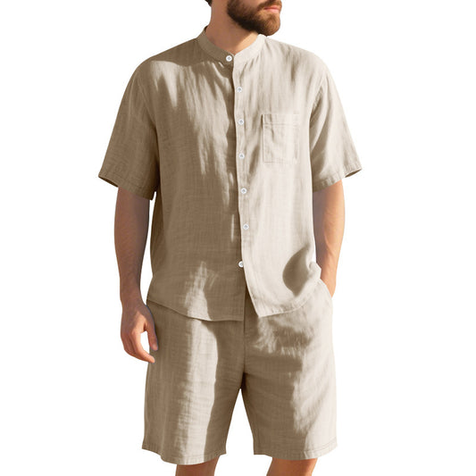 New American Linen Suit Men's Summer Two-piece Suit Henry Collar Beach