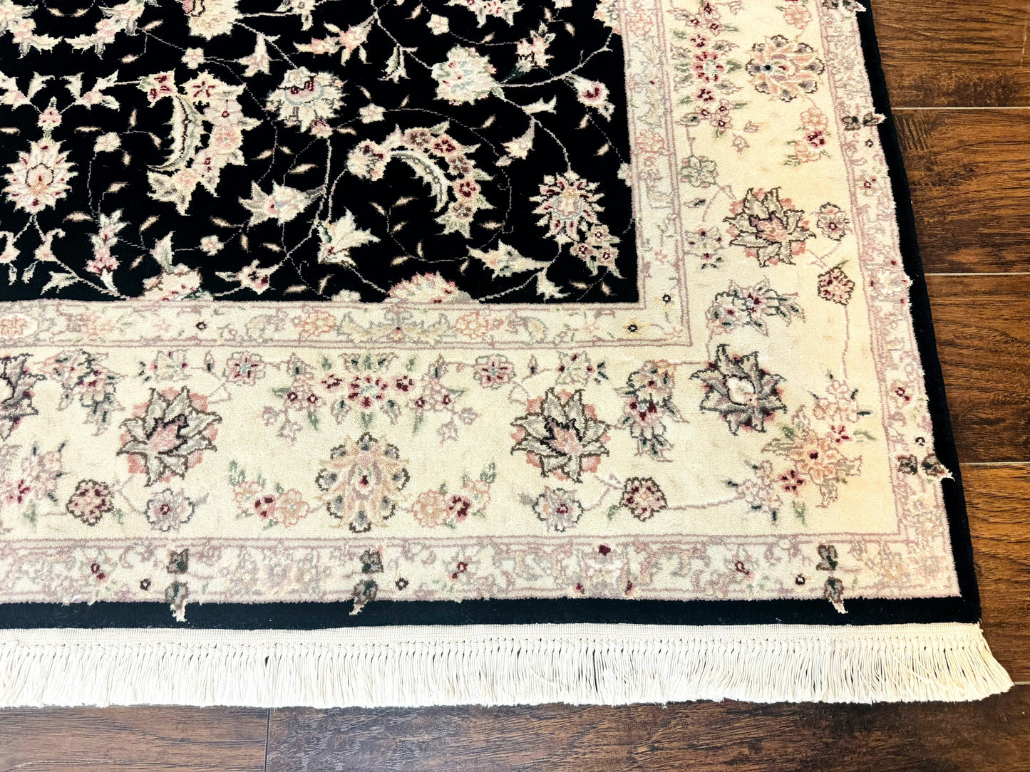 USED Sino Persian Rug 6x9, Black and Ivory, Wool and Silk Highlights, Handmade