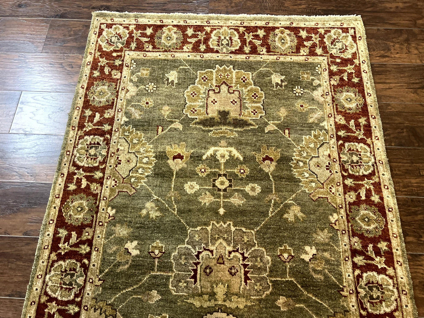 USED Indo Oushak Rug 4x6, Green and Maroon, Vintage Wool Floral Rug, Indian Agra Rug