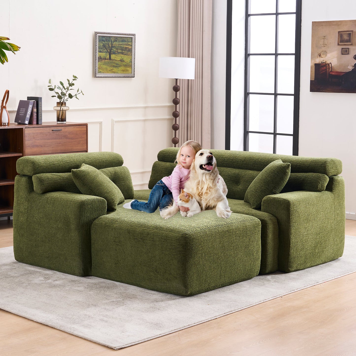 NEW 105' Modula Compression Sponge L-Shaped, Chesterfield-Inspired Design, No-Assembly Chenille Couch, 30D High-Density for Living Room, Bedroom, Apartment.Green.