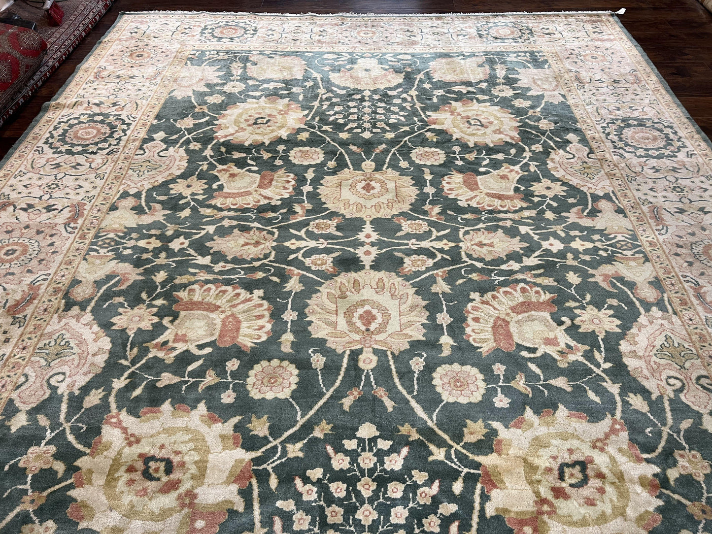 USED Egyptian Mahal Rug 10x14, Large Vintage Floral Hand Knotted Wool Carpet 10 x 14, Dark Green and Beige Traditional Handmade Persian Area Rug