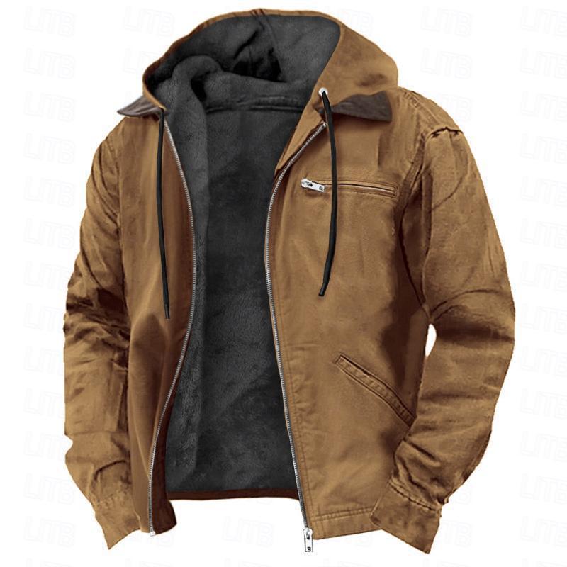 New Winter Hooded Coat With Pockets Fashion Warm Fleece Zip-up Jacket Casual Outwear Men's Clothing
