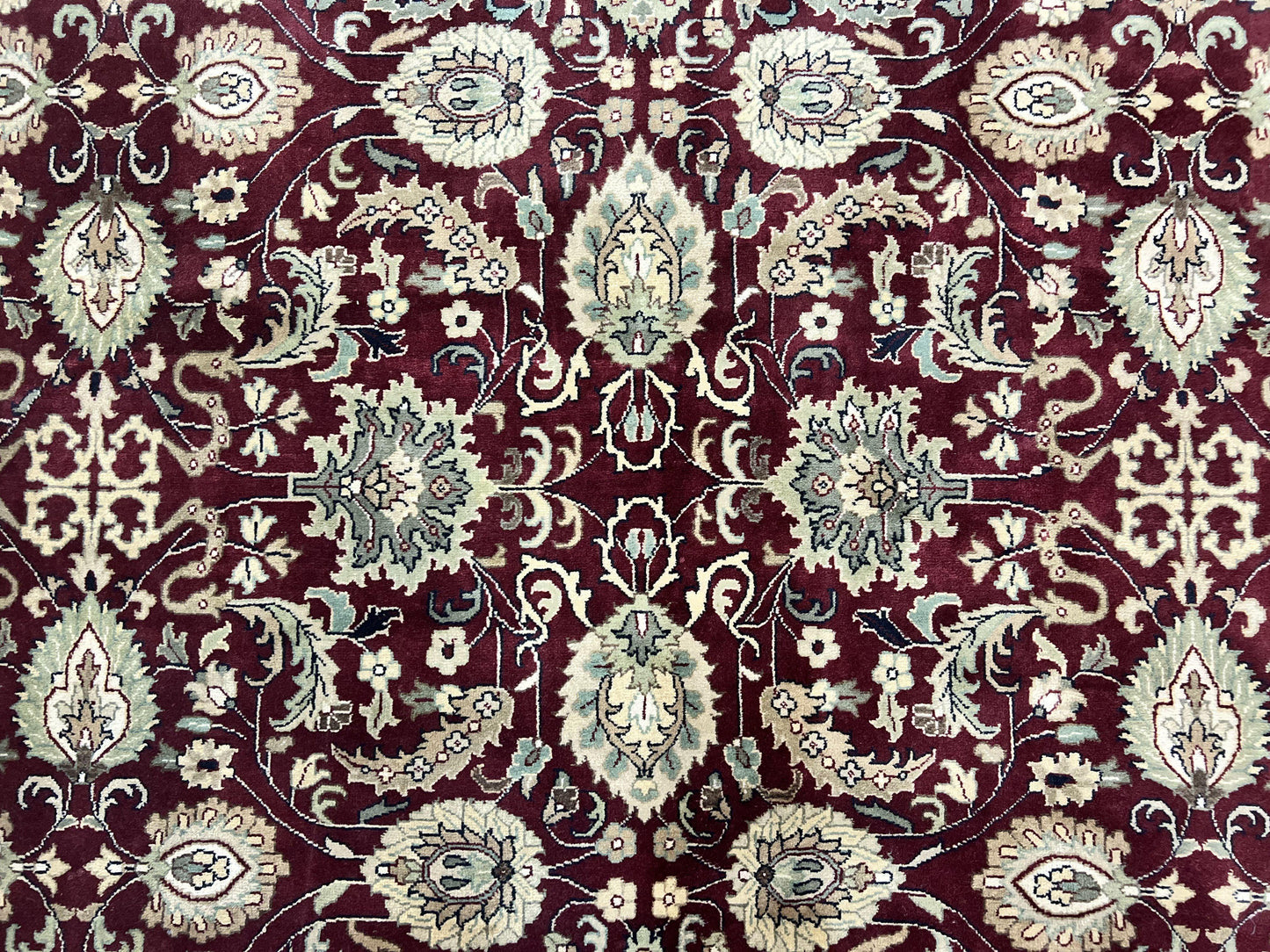 USED Indo Persian Rug 10x14, Floral Allover, Maroon, Handmade Hand Knotted VIntage Wool Rug, Large Oriental Carpet